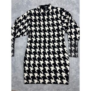 Express Womens M Sweater Dress Black White Houndstooth Mock Neck Long Sleeve